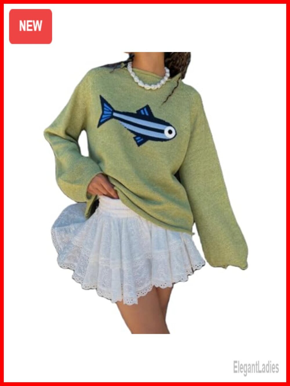 Rib Knit Fish Graphic Sweater Crew Neck Oversized Vintage Pullover